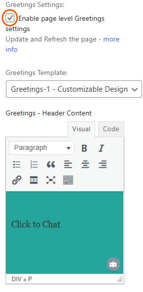 greetings page level settings