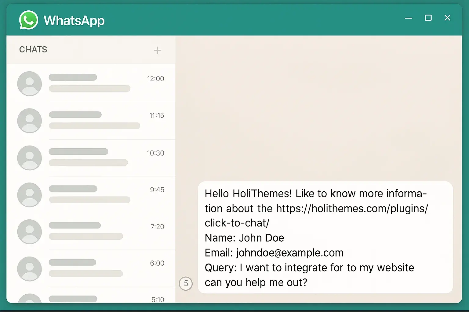 WhatsApp chat mockup showing form data automatically populated in the message field