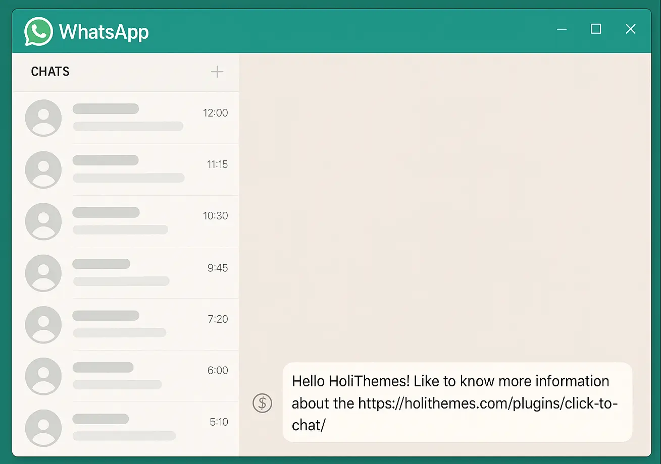 WhatsApp chat window showing prefilled message example with dynamic variables replaced