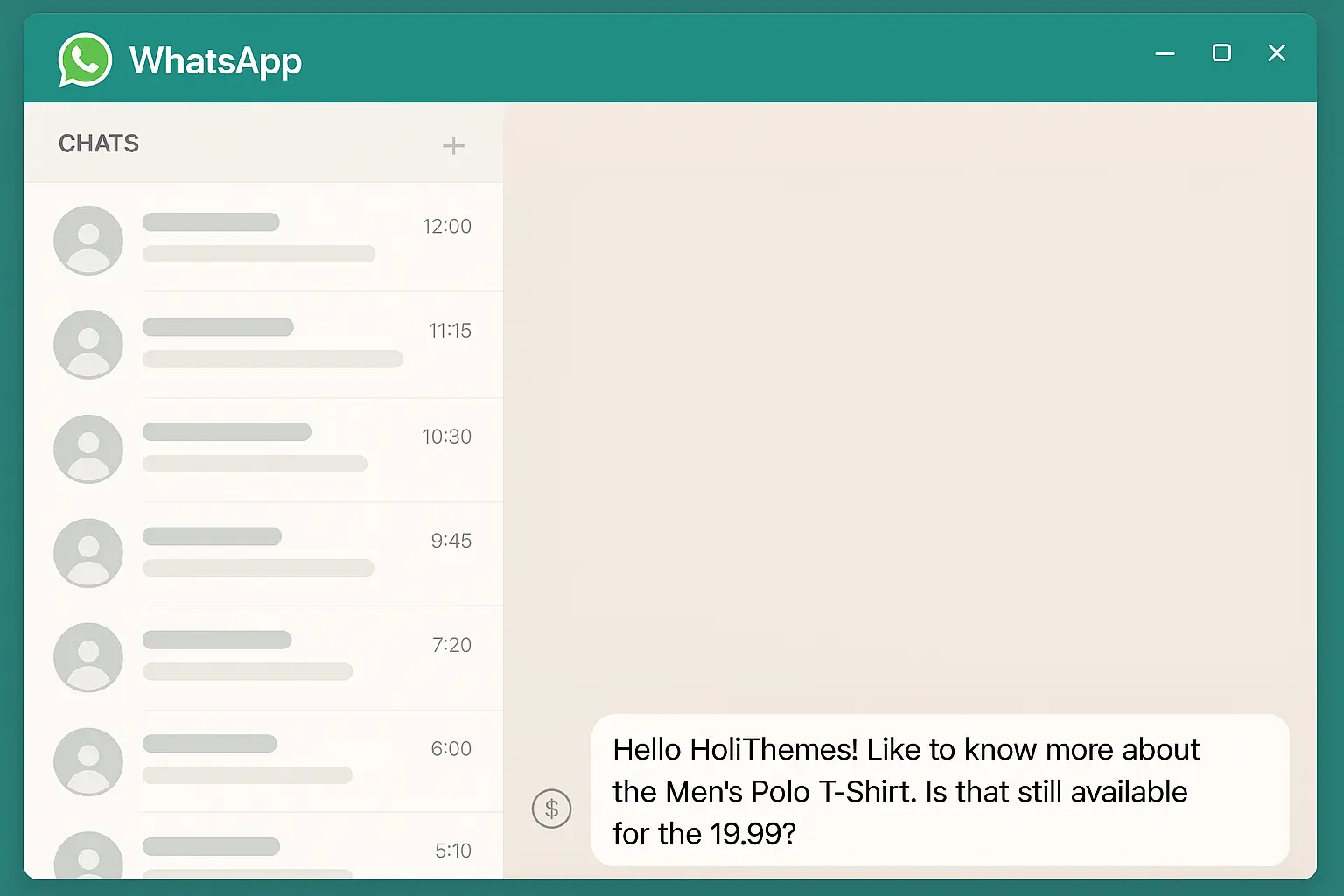 WhatsApp chat window showing prefilled message example with dynamic WooCommerce variables replaced